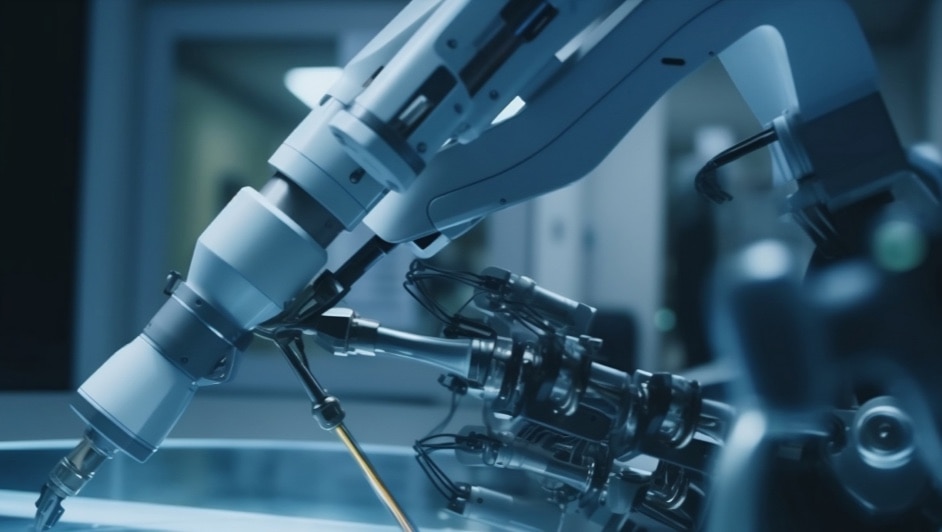 A robot is working on a machine in a factory.