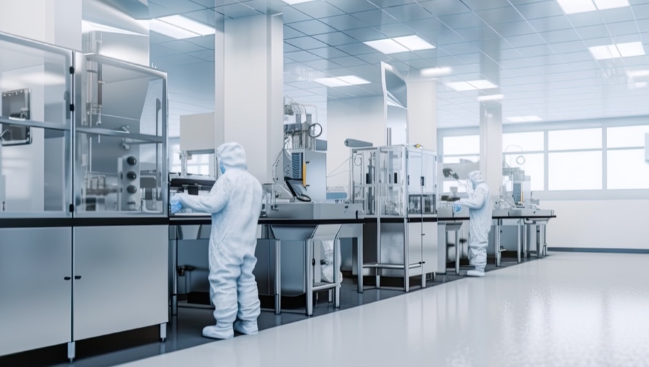 A man in a white lab coat is working on a machine.