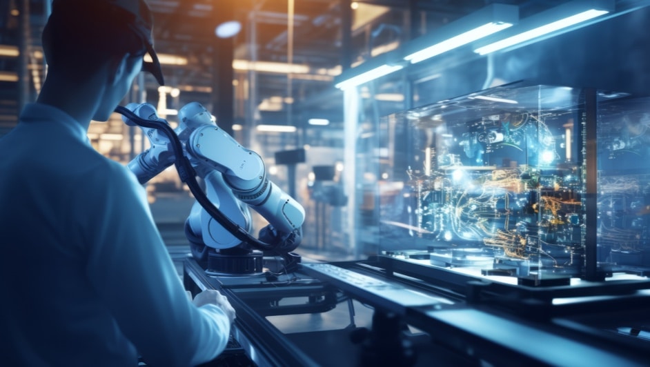 A man is working on a machine in a factory.