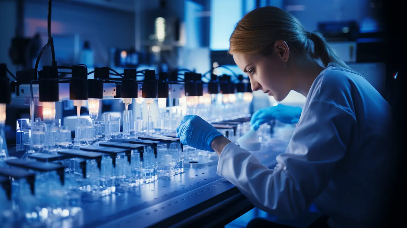 A scientist wearing gloves works with laboratory equipment and test samples on a lab bench, under strong lighting in a dimly lit room.