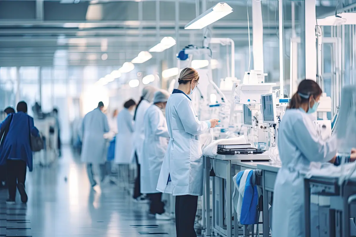 Lab technicians wearing white lab coats and masks work at lab stations in a brightly lit, modern laboratory.