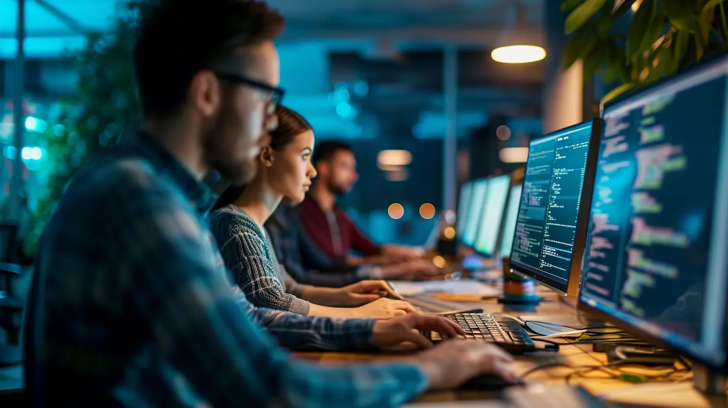 People working at desks in an office, focused on computer screens displaying code. The office is dimly lit with a modern, open workspace design.