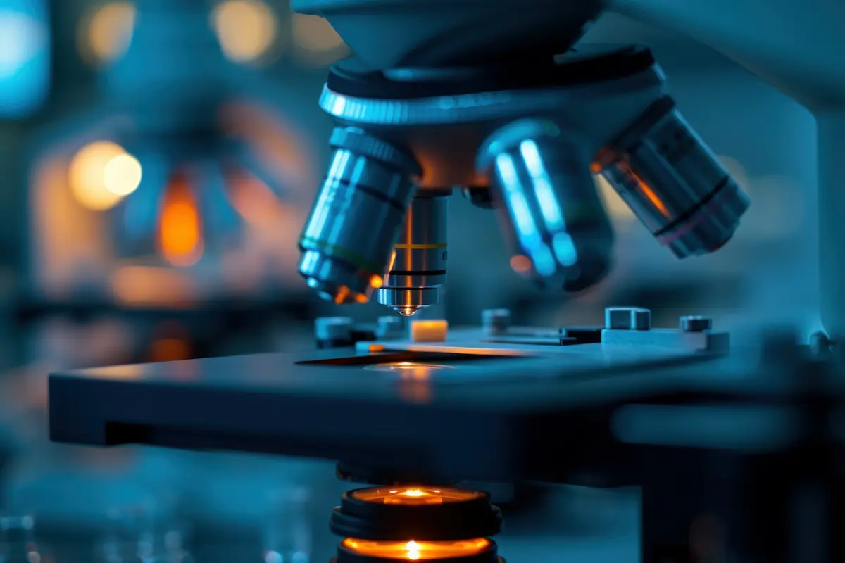 Close-up of a microscope with its lens focused on a slide, illuminated by a warm light source in a laboratory setting.