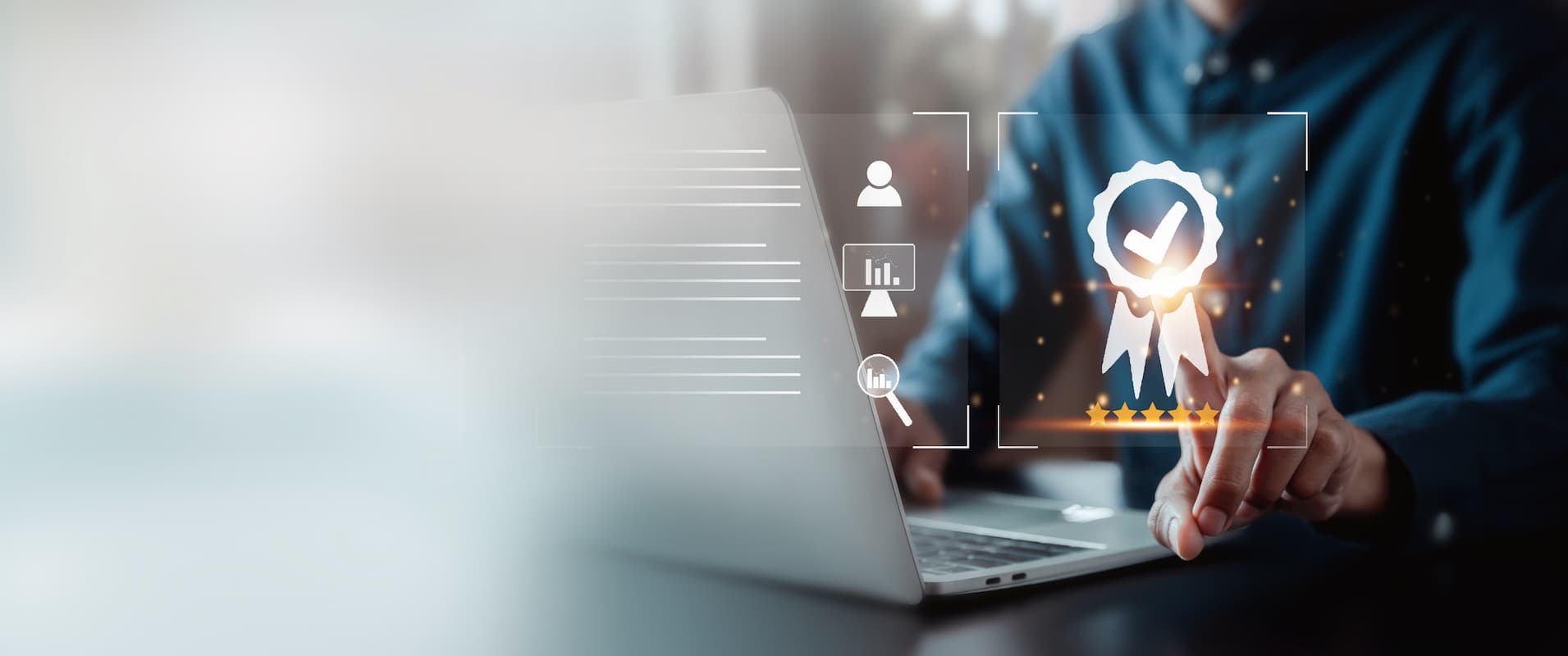 Person interacting with a laptop, with a focus on a floating icon of a check-marked ribbon and bar graphs, symbolizing quality assurance or certification.