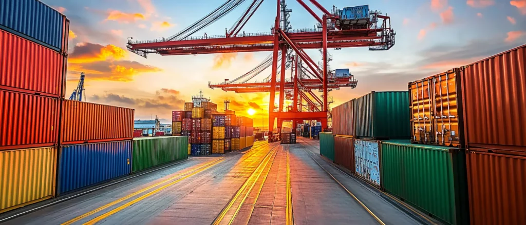 Shipping containers in various colors are stacked at a port, with large cranes overhead and a sunset in the background.