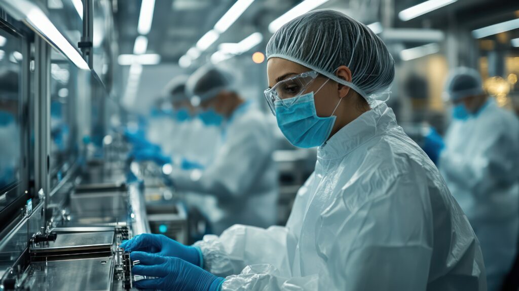 Person in protective gear works on an assembly line, inspecting equipment. Others in similar attire are visible in the background.