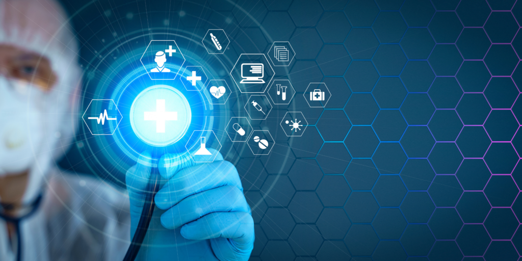Person in protective gear holding a digital stethoscope, with medical icons like a cross, syringe, and computer displayed in the background on a hexagonal pattern.
