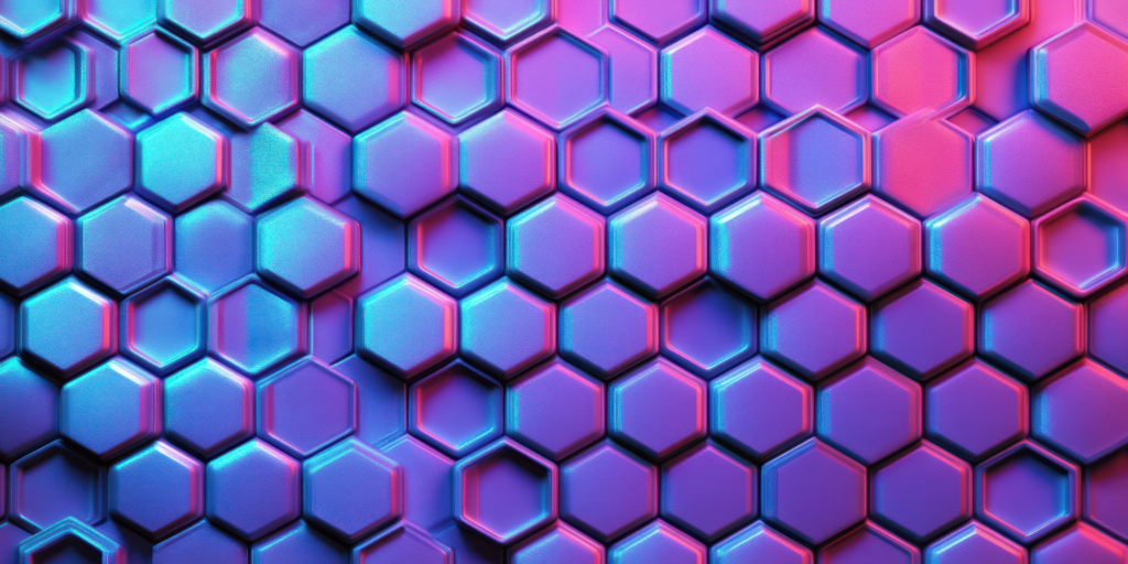 A pattern of hexagonal tiles in shades of blue, pink, and purple, with a gradient lighting effect.