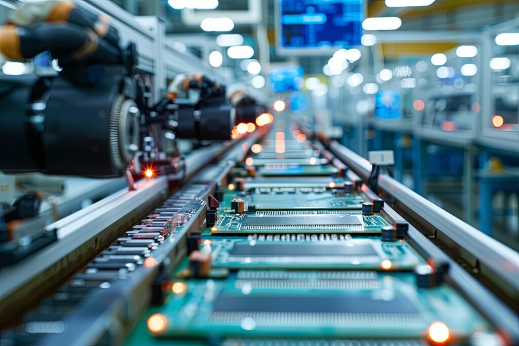 Close-up of circuit boards on a conveyor belt in an electronics manufacturing facility.