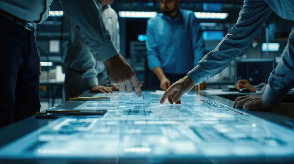 Team collaborating on a futuristic touchscreen table in a modern tech office.