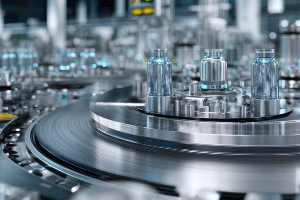 Pharmaceutical production line with glass vials on automated machinery in a sterile industrial setting.