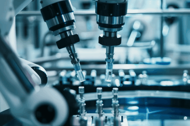Robotic arms assembling components in a high-tech factory setting.