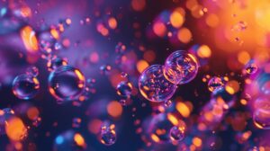 Colorful bubbles with a blurred background of circular lights
