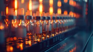Rows of small glass vials with reflective liquid inside, illuminated by orange light