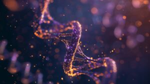 Close-up of a DNA double helix with glowing strands and particles
