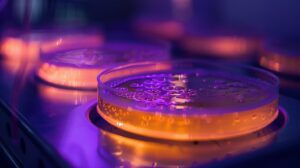 Petri dishes with orange liquid under purple lighting