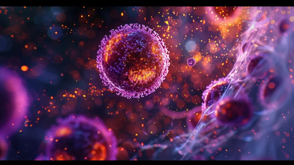 Abstract macro view of glowing CAR-T cells in a bioreactor with deep purple and warm orange luminescence