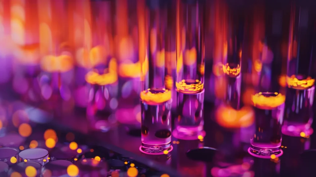 Abstract macro of a precision automated benchtop platform with luminescent sample tubes, deep violet preservative liquids and warm amber cellular suspensions, golden particle bokeh