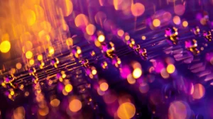 Abstract macro detail of chemical pH sensor strips with iridescent purple liquid droplets and warm amber crystalline lamination patterns