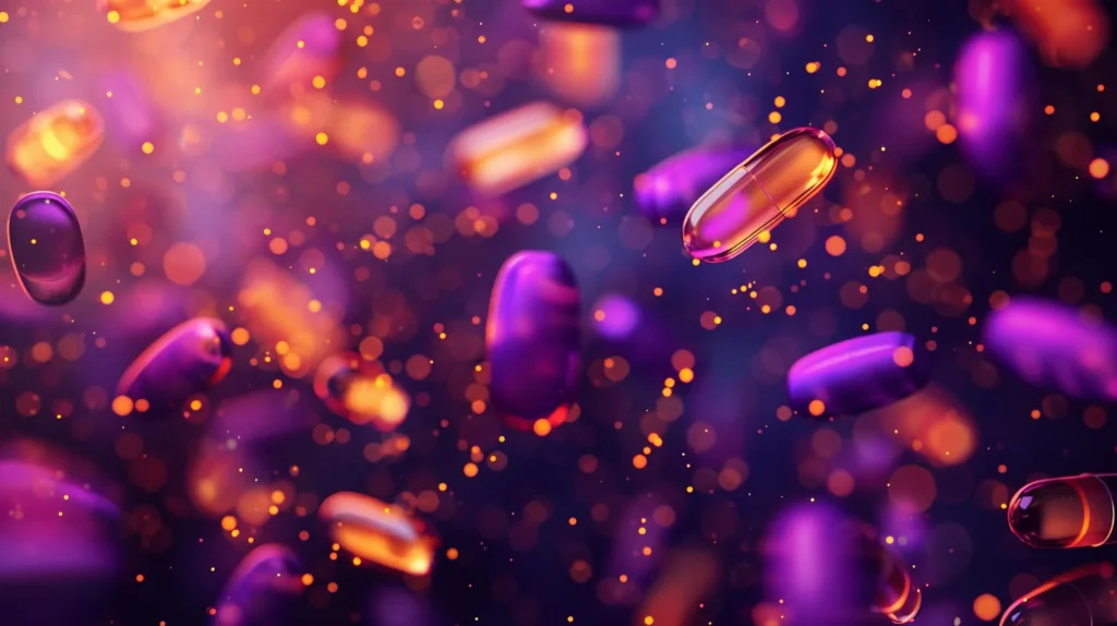 Abstract macro of luminescent pharmaceutical micro-tablets and drug-delivery capsules in deep violet and warm amber, suspended in dark sterile chamber