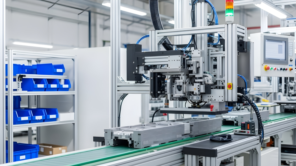 Automated assembly machine on a conveyor belt in a factory setting