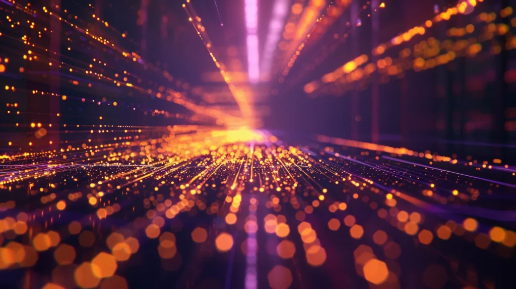 Abstract long-exposure light streaks of robotic precision laser cutting in a dark cleanroom with deep violet motion blur and warm orange spark showers