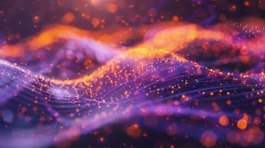 Abstract macro of a self-guiding flow cell traversing a multi-channel fluidics manifold with deep violet reagent streams and warm orange chemistry reactions