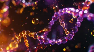 Abstract macro of suspended DNA calibration strands and pipette droplets mid-flight with deep violet double-helix structures and warm amber liquid spheres