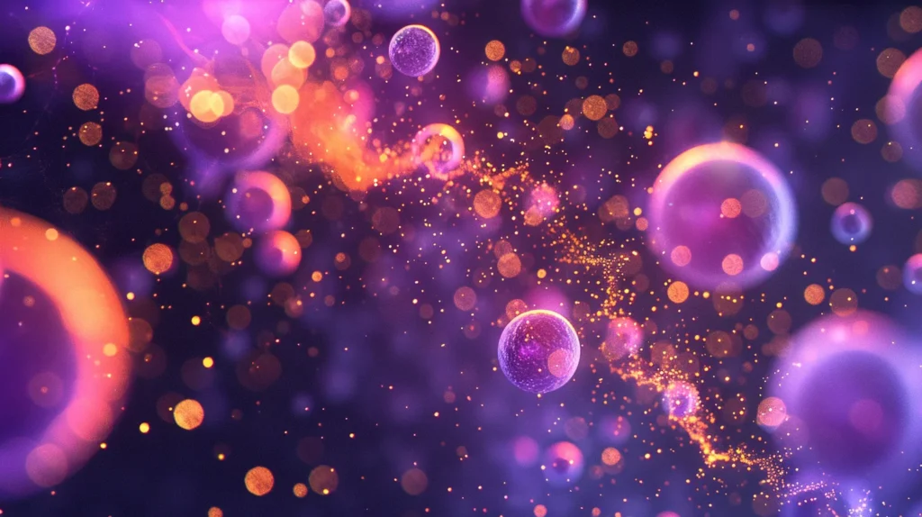 Abstract close-up of luminescent white blood cells in a cytometry flow with deep purple membranes and warm orange ATP energy cores