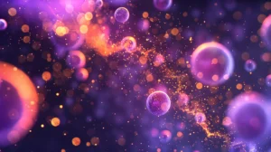 Abstract close-up of luminescent white blood cells in a cytometry flow with deep purple membranes and warm orange ATP energy cores