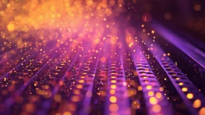 Abstract macro of a glowing 96-well thermal cycler block at the moment of PCR amplification with deep violet thermal gradient and warm amber fluorescent reaction signatures
