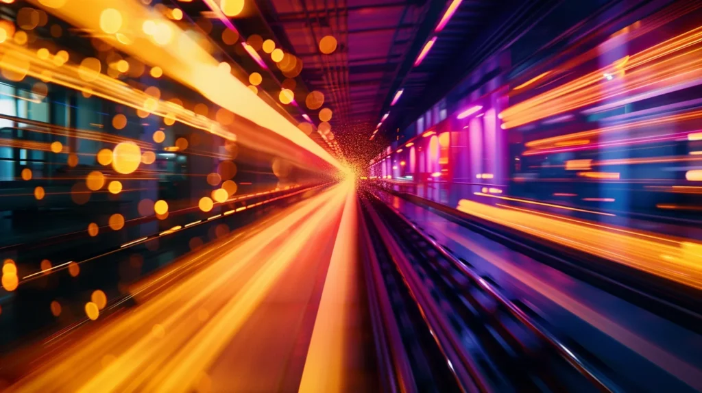 Abstract long-exposure motion blur of medical manufacturing line equipment in transit with deep violet machinery silhouettes and warm orange freight light trails crossing geographic distance